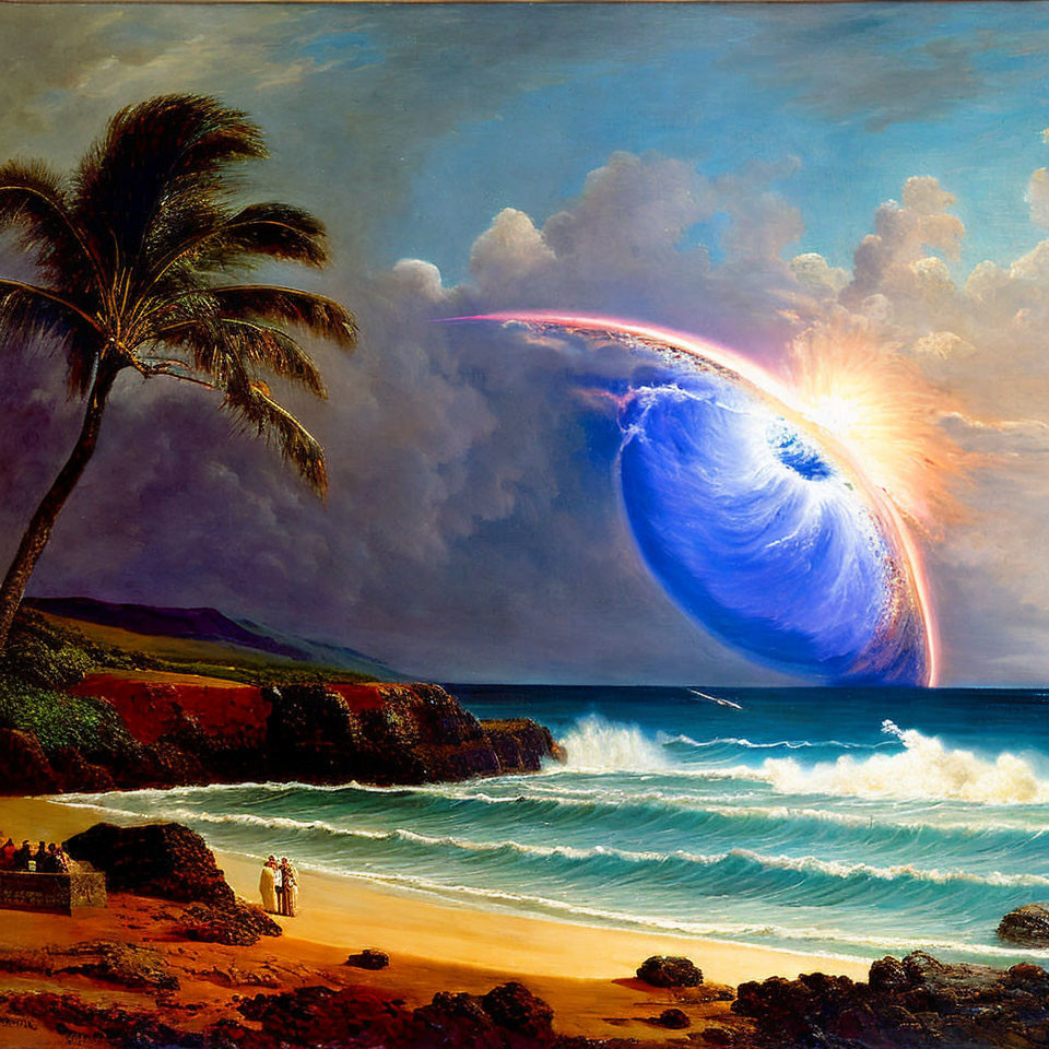 Colorful beach painting with onlookers and glowing celestial body above ocean