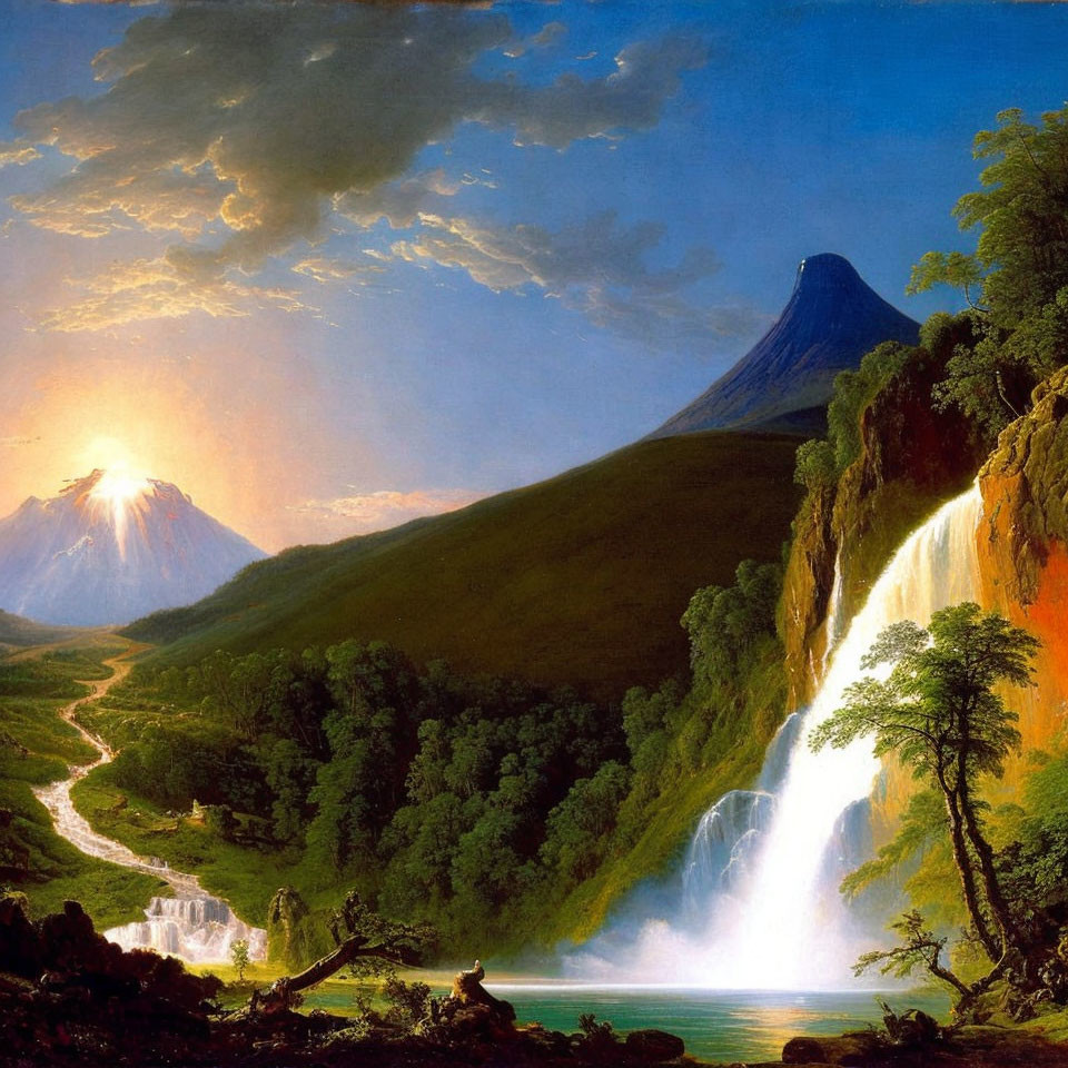 Scenic landscape painting with dramatic sunset, mountains, greenery & waterfalls