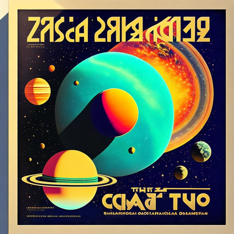 Vibrant retro-futuristic space poster with planets, rings, and stars