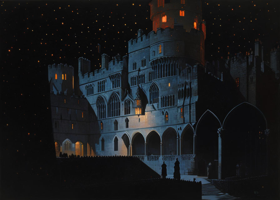 Illuminated castle with arches and towers at night