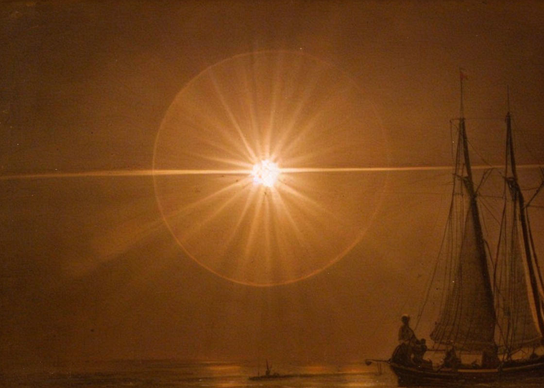 Sepia-Toned Image of Celestial Body Casting Light on Sailboat