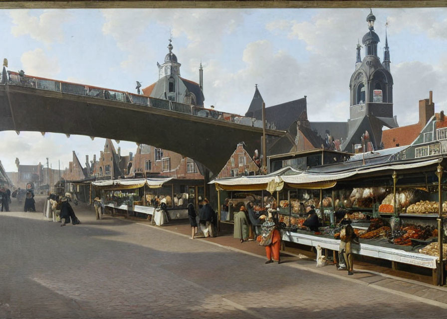 Historic market scene under arched bridge with vendors and townspeople in period attire