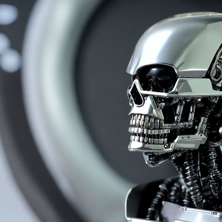 Metallic robot skull with intricate details on blurred circular background