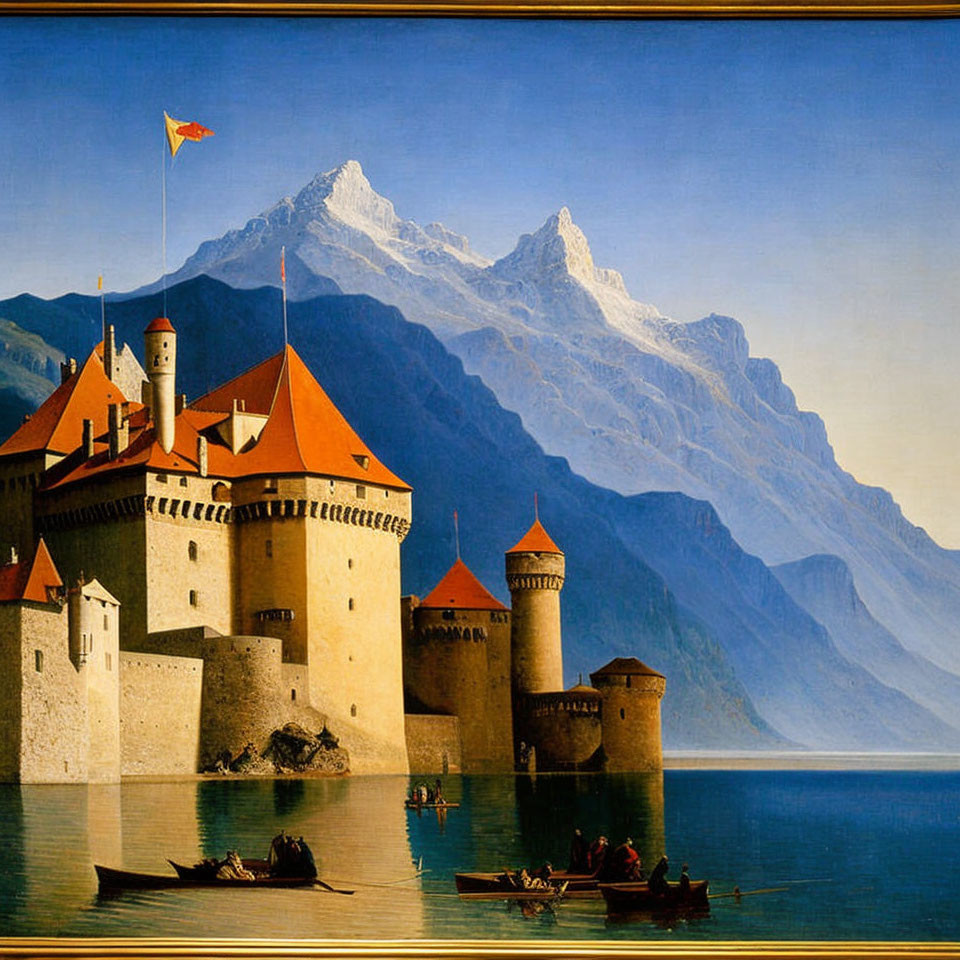 Medieval castle painting: red-roofed towers, lake, boats, mountains, clear sky