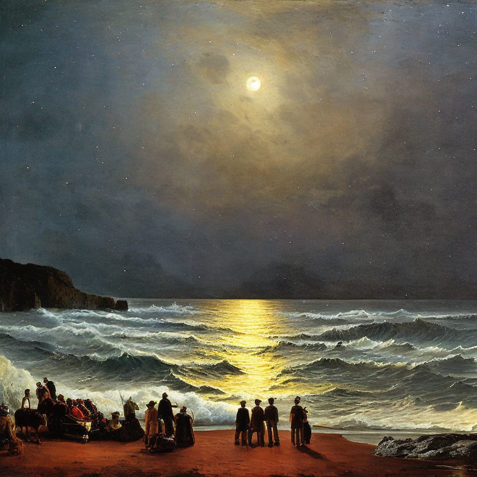 Nighttime seascape with people on shore, crashing waves, and moon reflection.