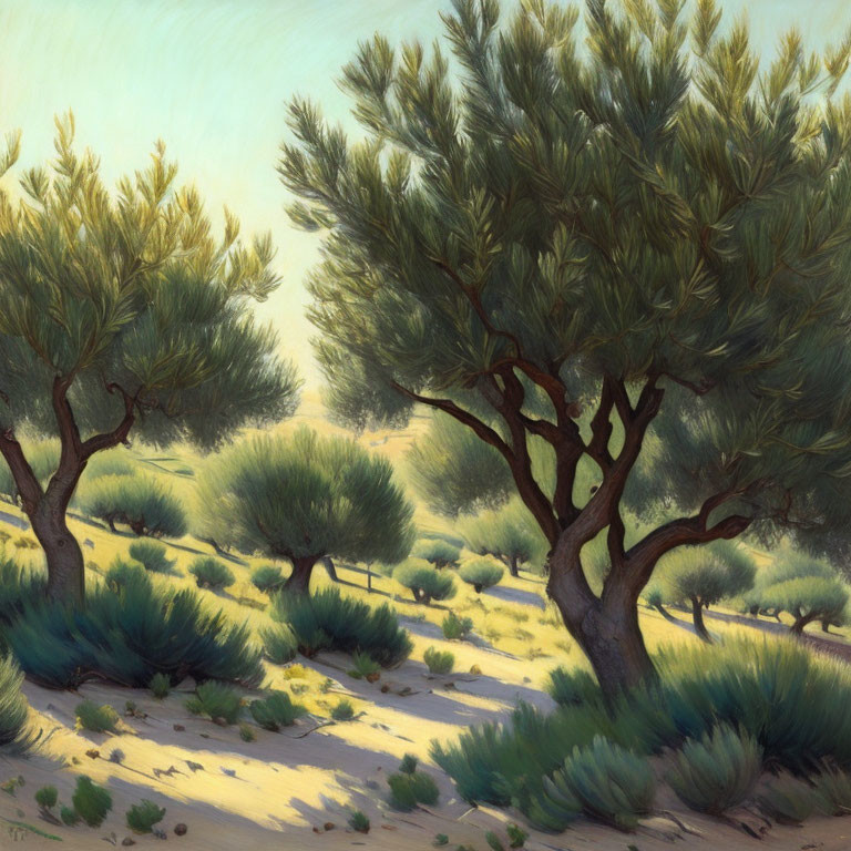 Serene olive grove painting with lush green trees