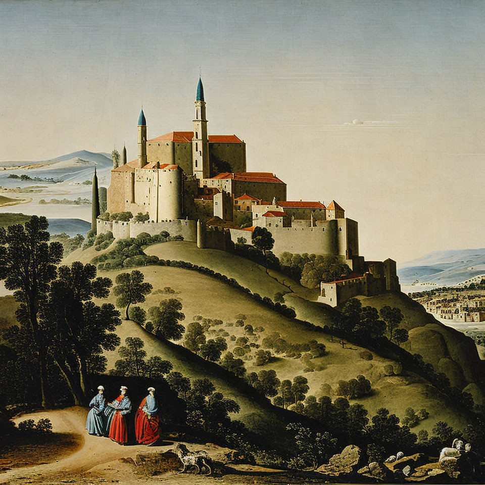 Detailed painting of grand castle on hill with spires, surrounded by trees, with people in period clothing