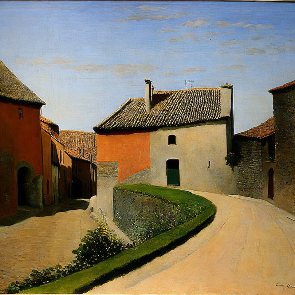 Sunlit Rural Italian Scene: Buildings, Curving Street, Blue Sky