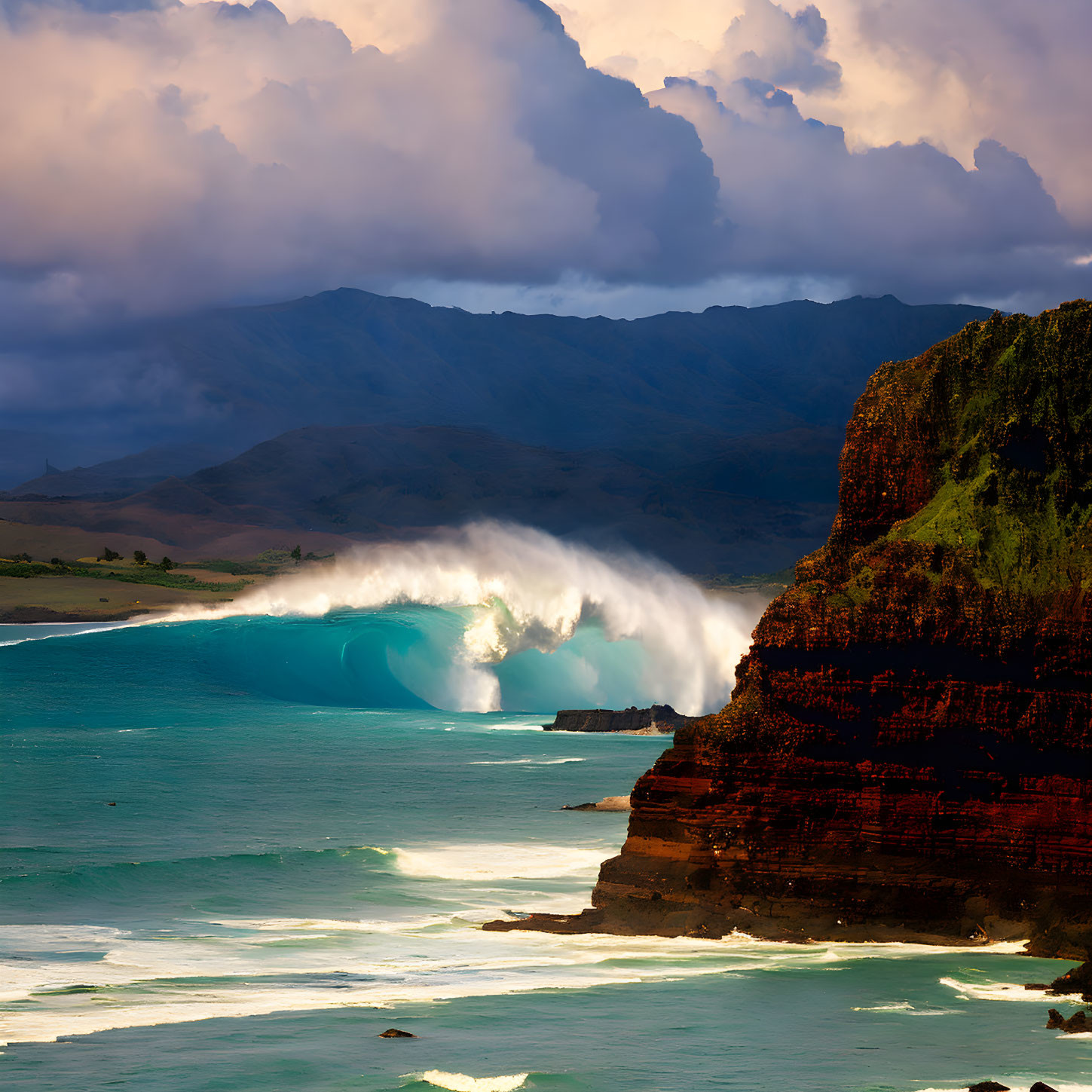 Dramatic sky and large wave near rugged cliff