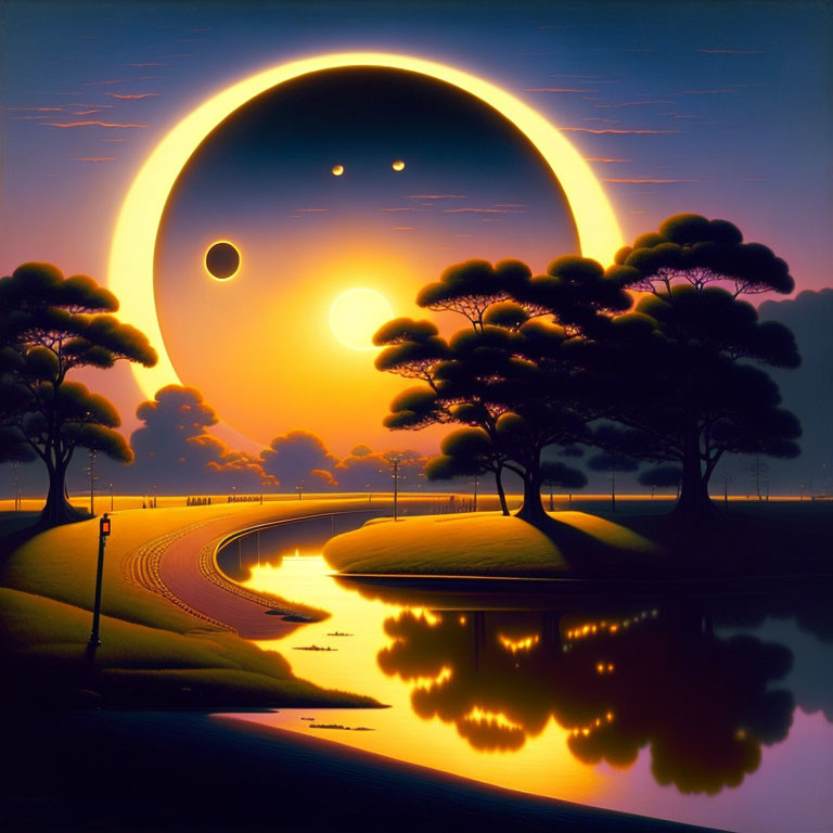 Surreal landscape with moon, planets, trees, river, and figure