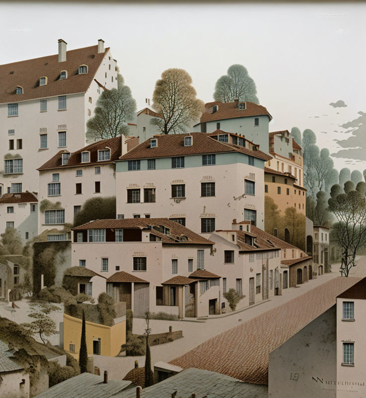 European-style village with cobblestone streets and lush trees