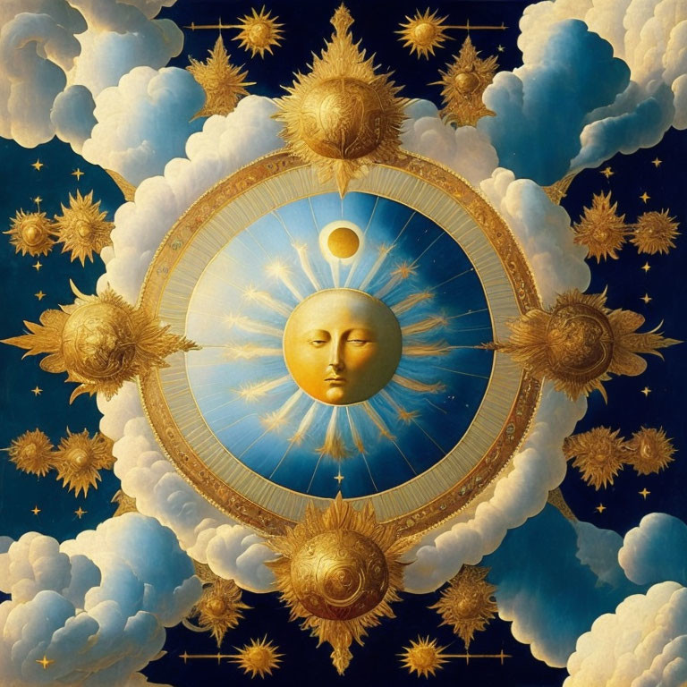 Celestial scene with serene-faced sun, clouds, stars, and golden designs