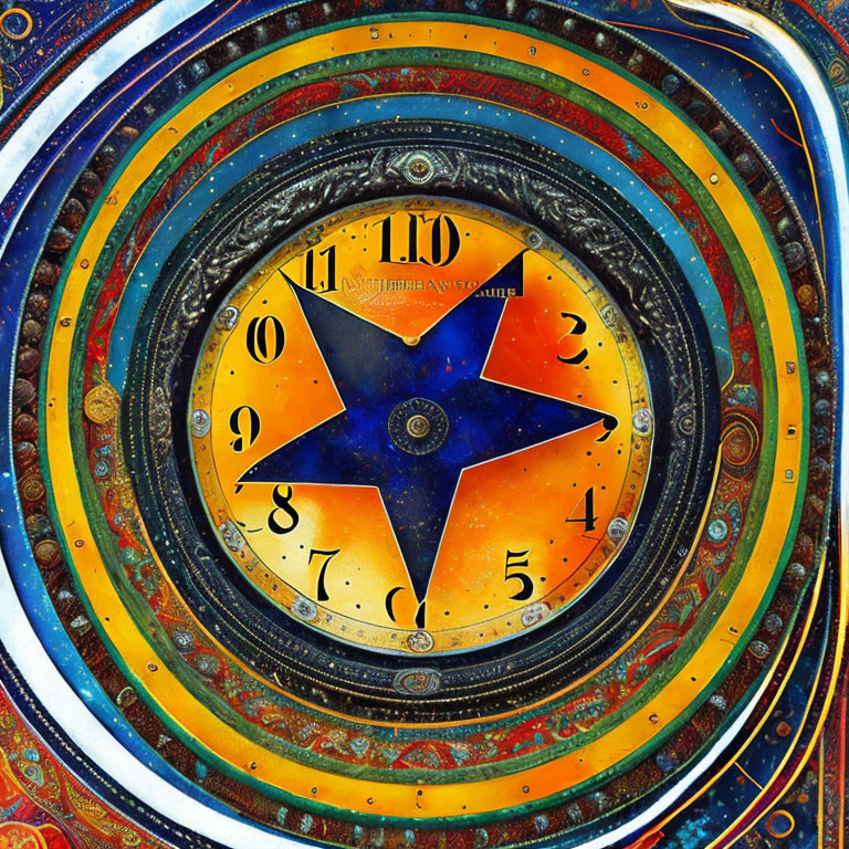 Colorful Astronomical Clock with Roman Numerals and Star Motif