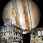 Surreal artwork: Jupiter over 19th-century European street