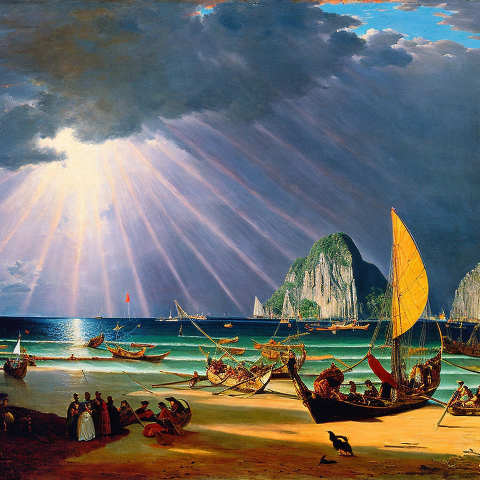 19th-Century Tropical Beach Painting with Sunlight Rays & Traditional Boats