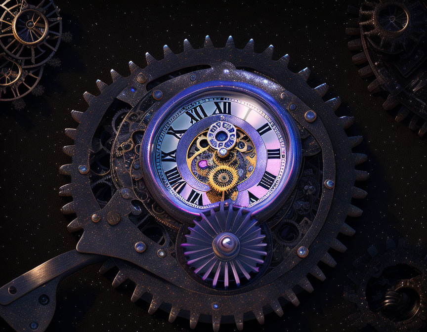 Steampunk clock with Roman numerals and gears on starry night background