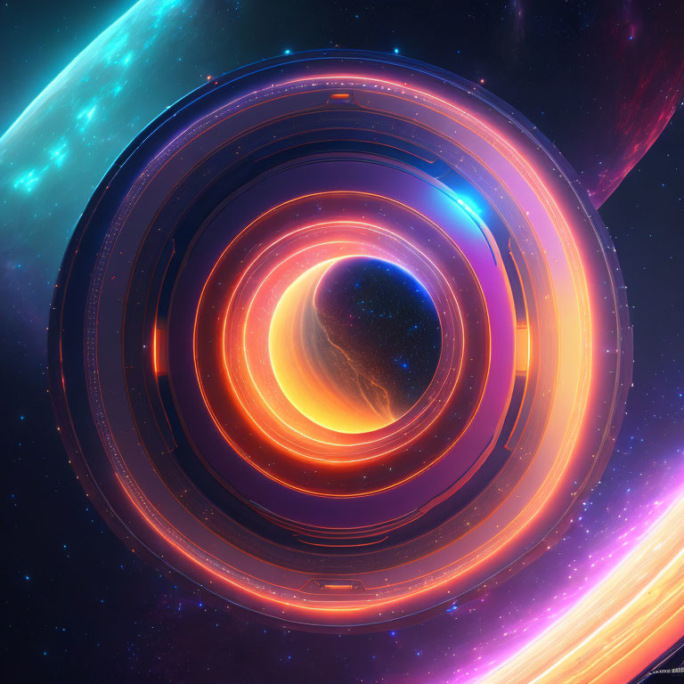 Colorful digital artwork: Planet in concentric circles with neon colors on cosmic backdrop