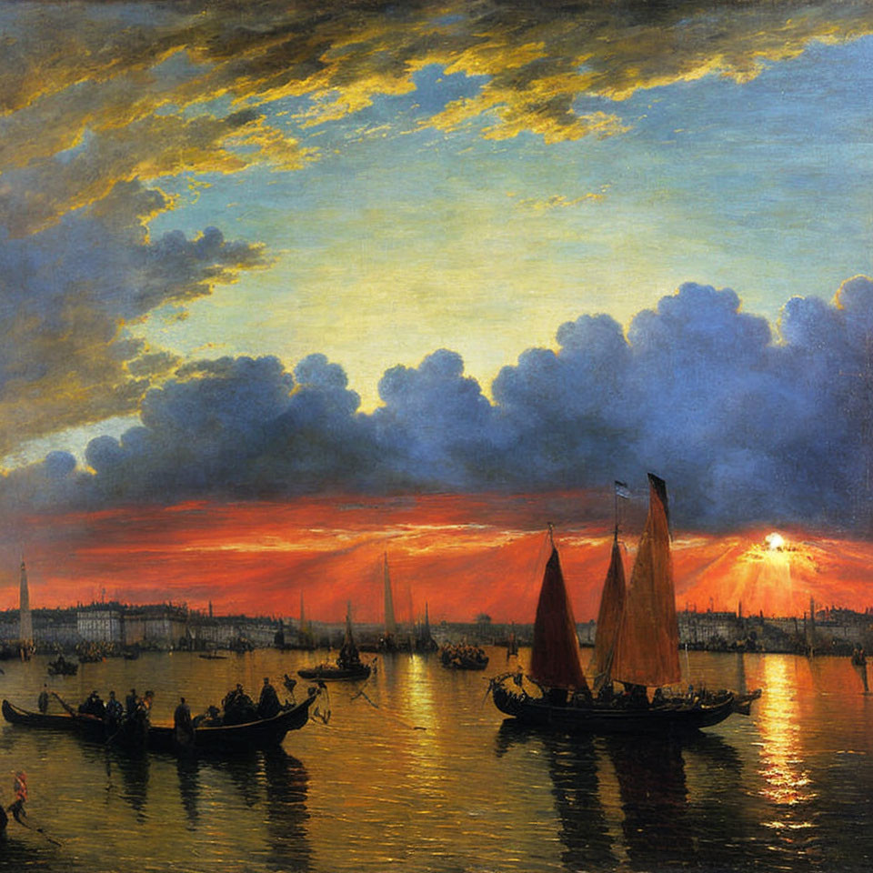 Harbor sunset with sailing boats and warm sun hues