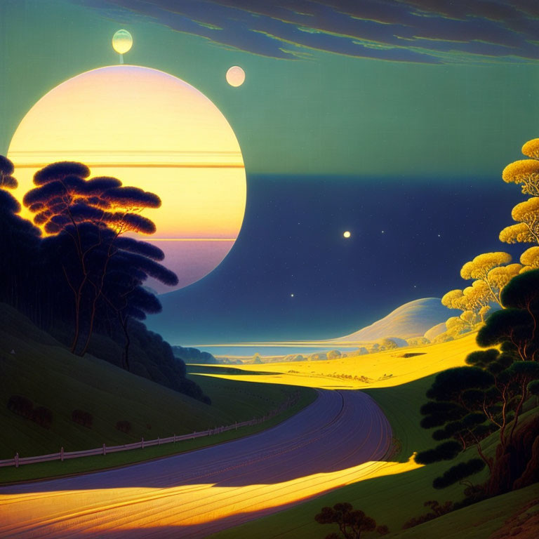 Surreal landscape with winding road, hills, trees, two moons, and large planet