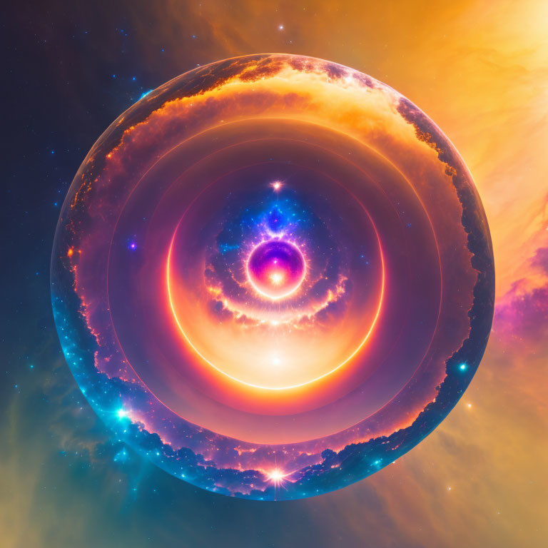 Colorful digital artwork: Cosmic scene with concentric circles in orange, purple, and blue.