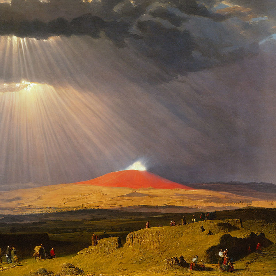 Volcanic eruption painting with sun rays, ash plume, lava, and onlookers.