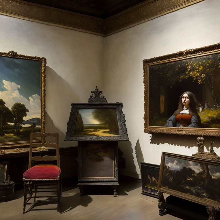 Dimly Lit Room with Classical Artwork and Antique Chair