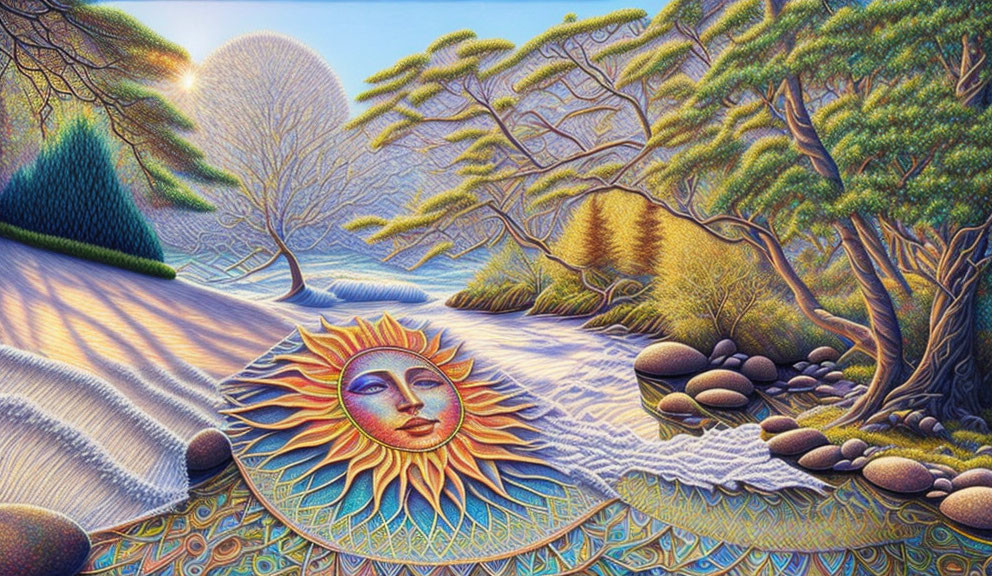 Surrealist landscape with sun and human face, stylized trees, rivers, and textured hills