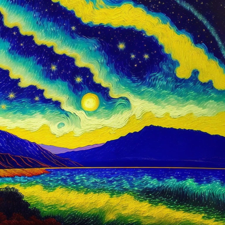 Colorful painting: Starry sky, crescent moon, hills, and water