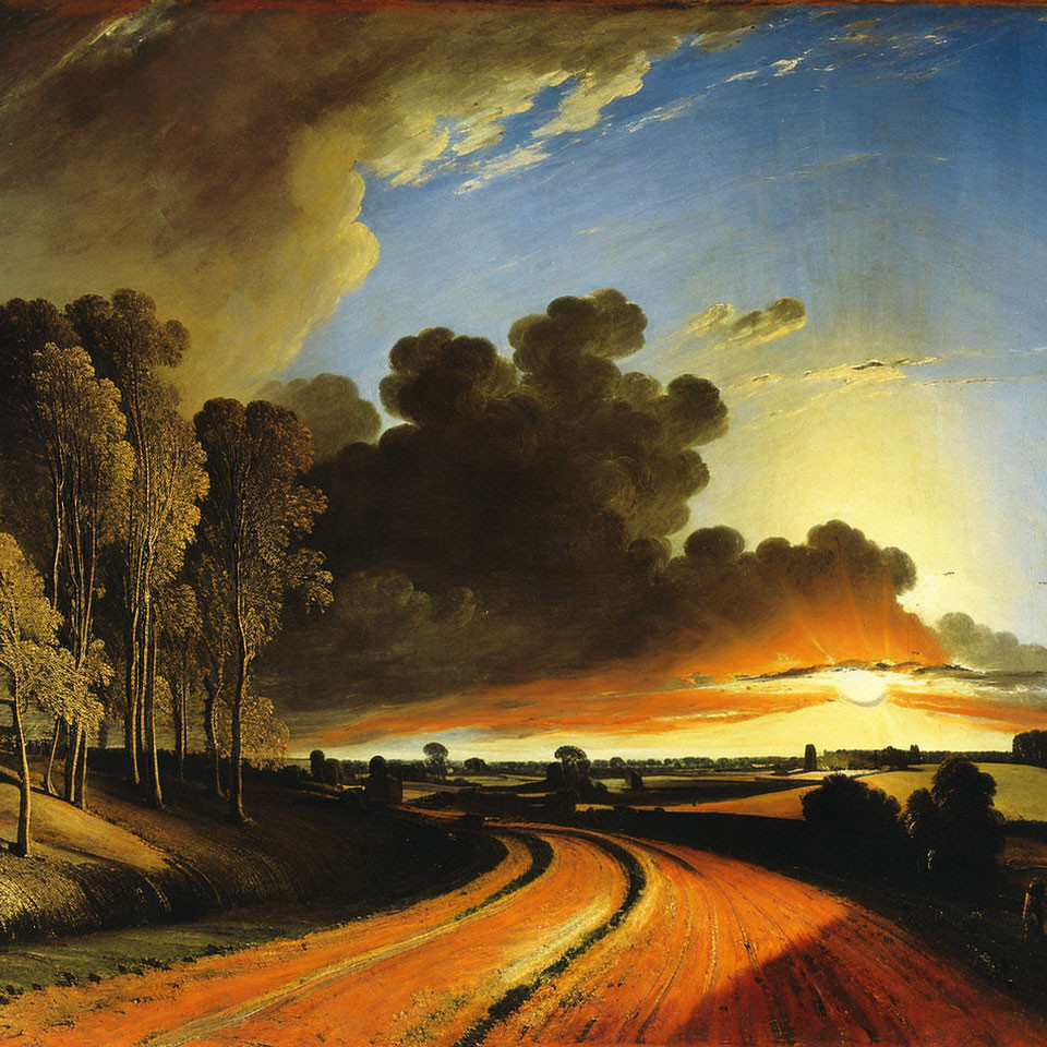 Vivid sunset landscape with winding path and dark trees