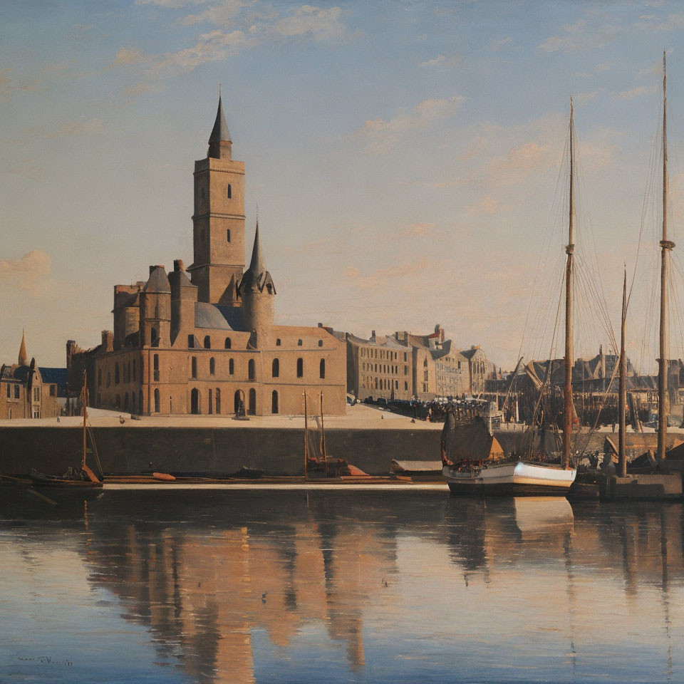 Tranquil harbor scene with sailboats, stone building, and clear blue sky