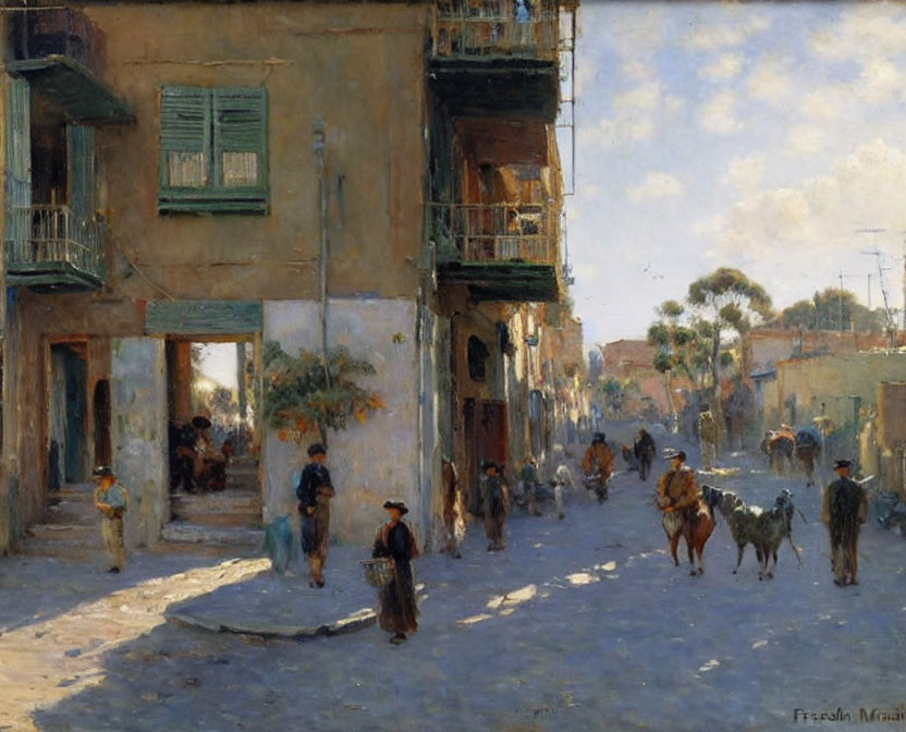 Rustic street scene with people, horses, and vintage architecture in an old town