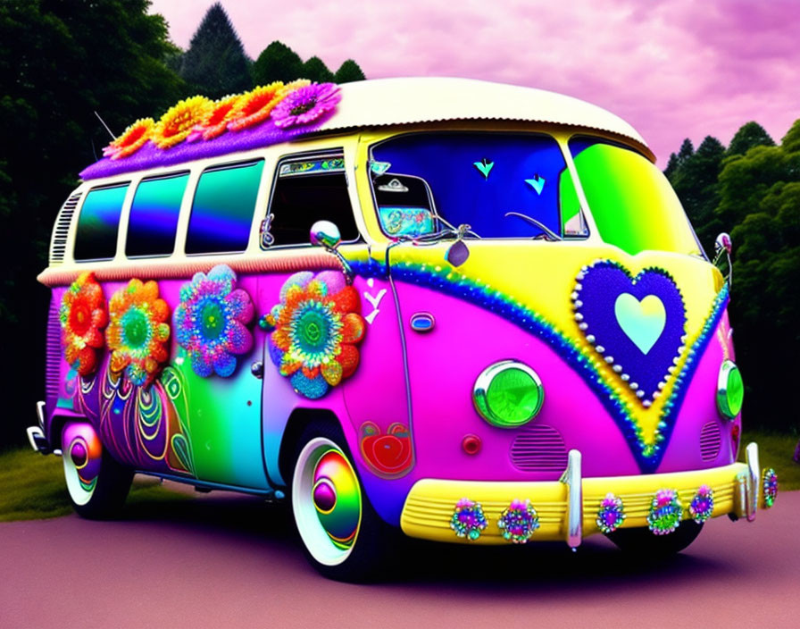Vibrant Psychedelic Van with Colorful Flower Design
