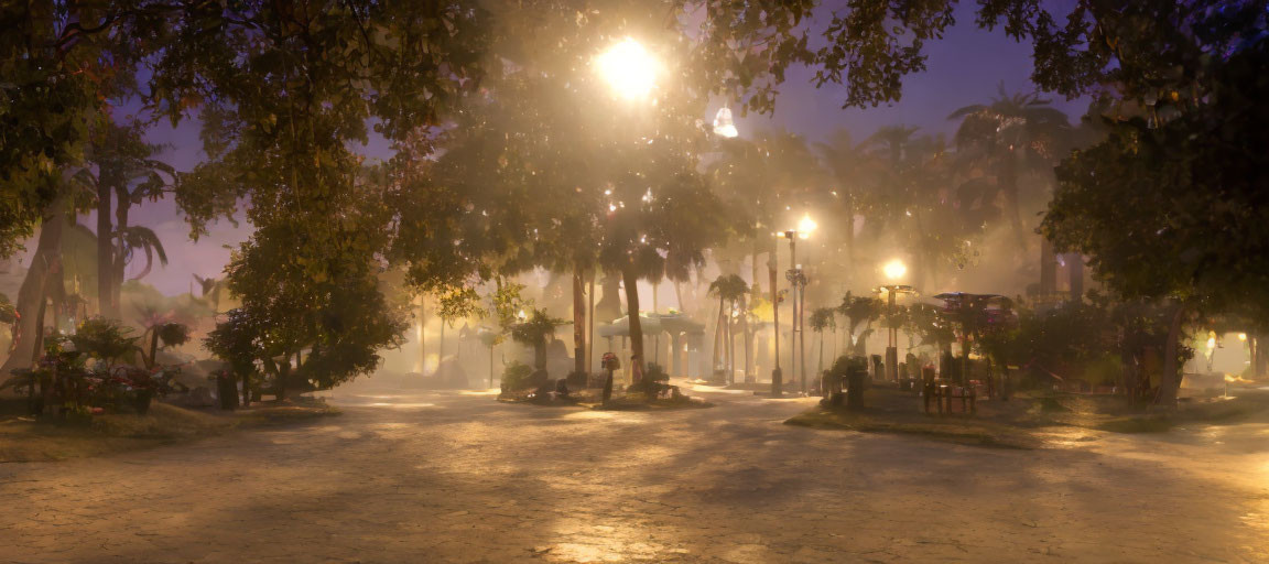 Tranquil dusk scene: foggy park with glowing streetlamps, trees, and greenery