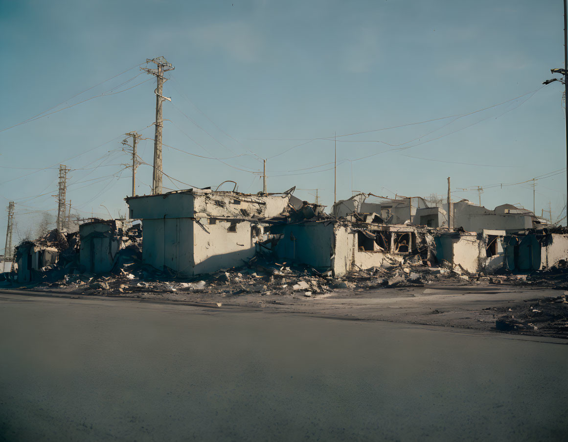 Destroyed Buildings with Collapsed Roofs and Debris on Street with Utility Poles