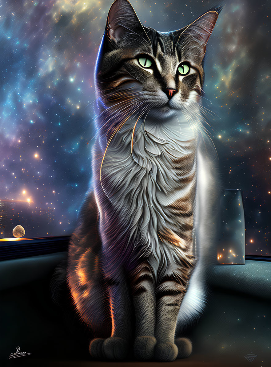 Illustrated Tabby Cat with Cosmic Background and Glass of Water