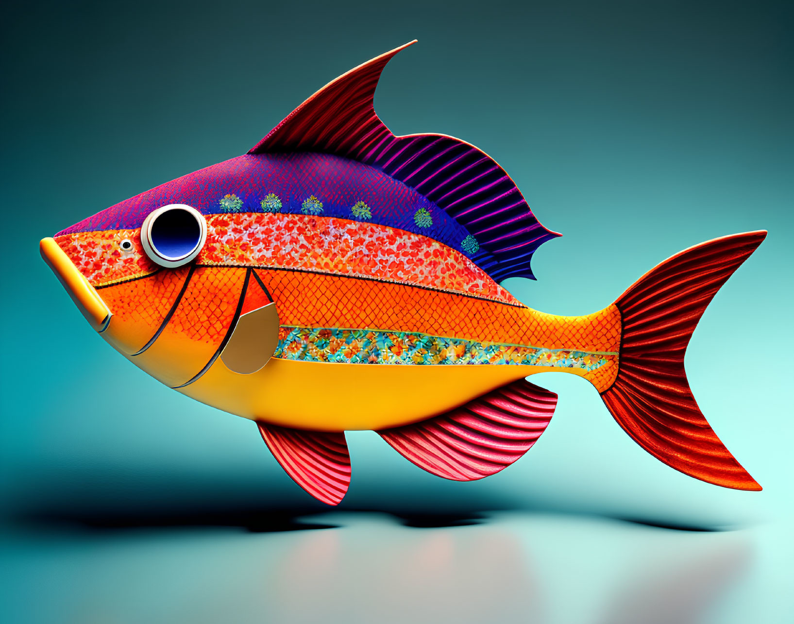 Colorful Fish Illustration with Exaggerated Fins on Teal Background