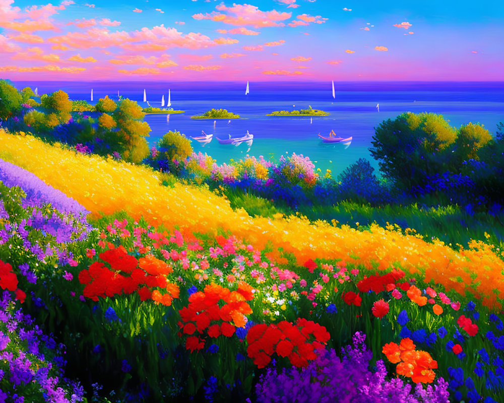 Colorful Floral Landscape with Sailboats Overlooking Blue Sea