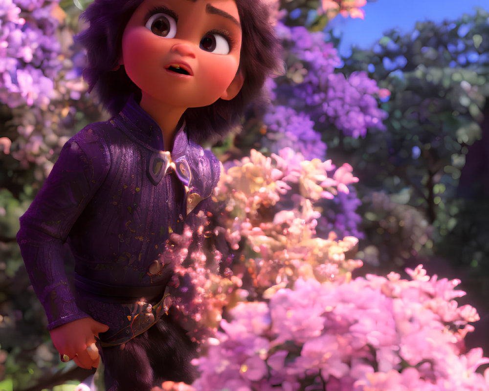 Purple-haired animated character in violet jacket surprised among pink and purple flowers.