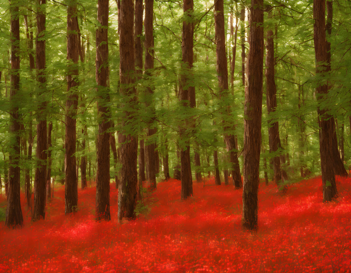 Tranquil forest scene with tall trees and vibrant red forest floor