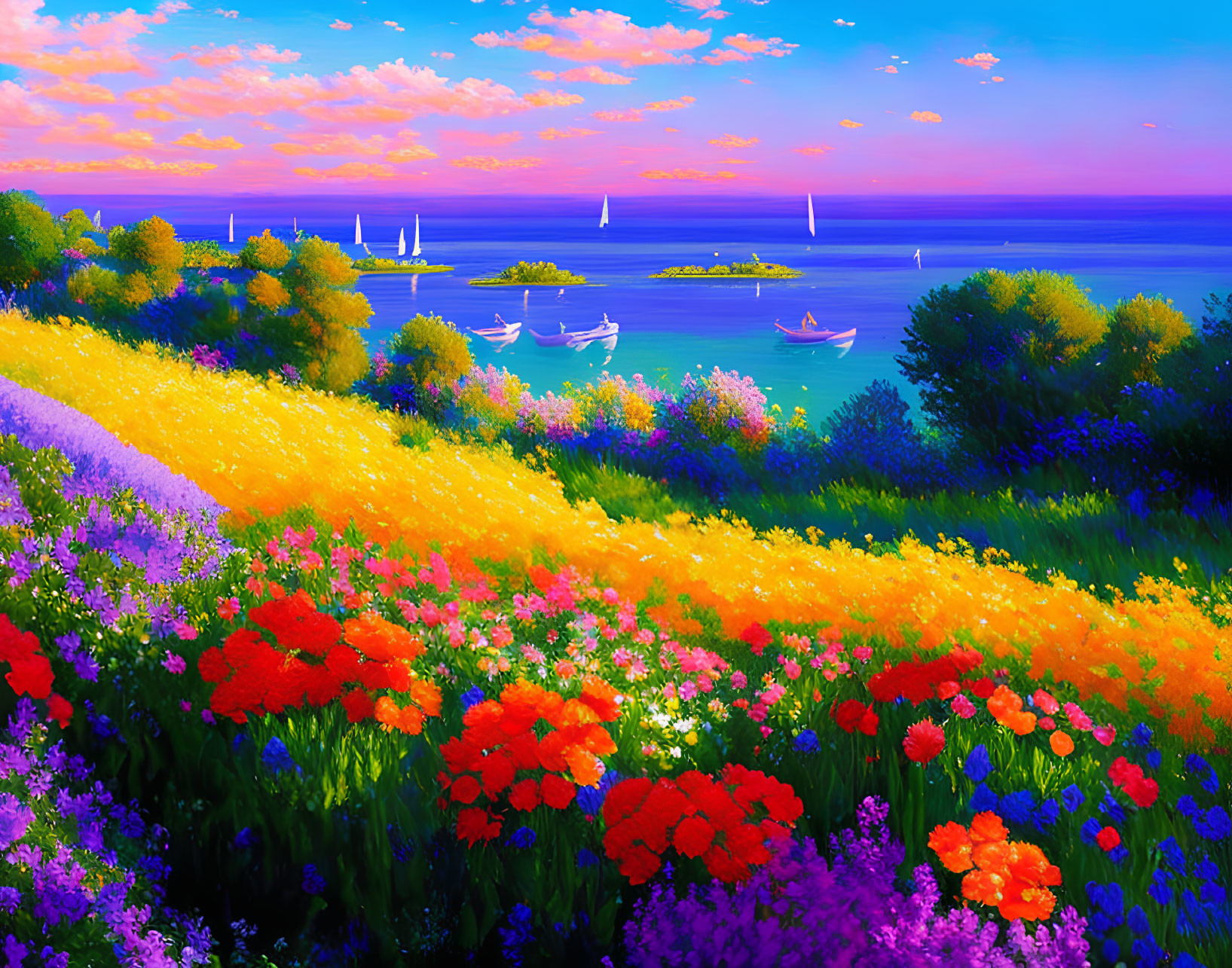 Colorful Floral Landscape with Sailboats Overlooking Blue Sea