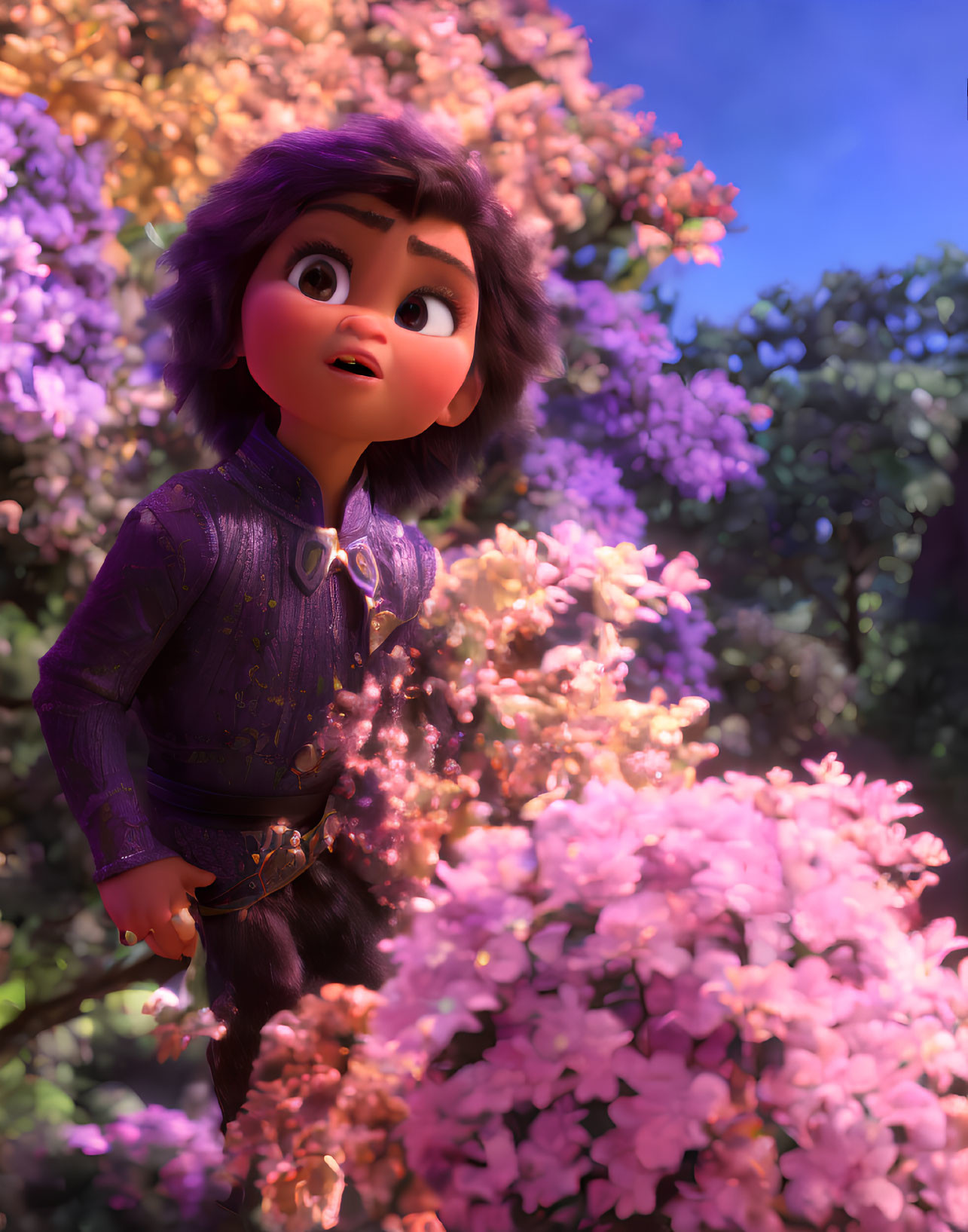 Purple-haired animated character in violet jacket surprised among pink and purple flowers.