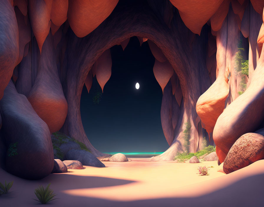 Moonlit Beach Cave: Serene Twilight Sky, Sandy Floor, Rocks & Vegetation