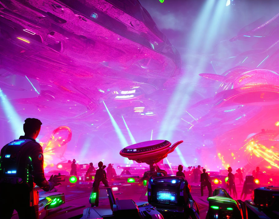 Futuristic cityscape with neon lights and flying vehicles in vibrant sky