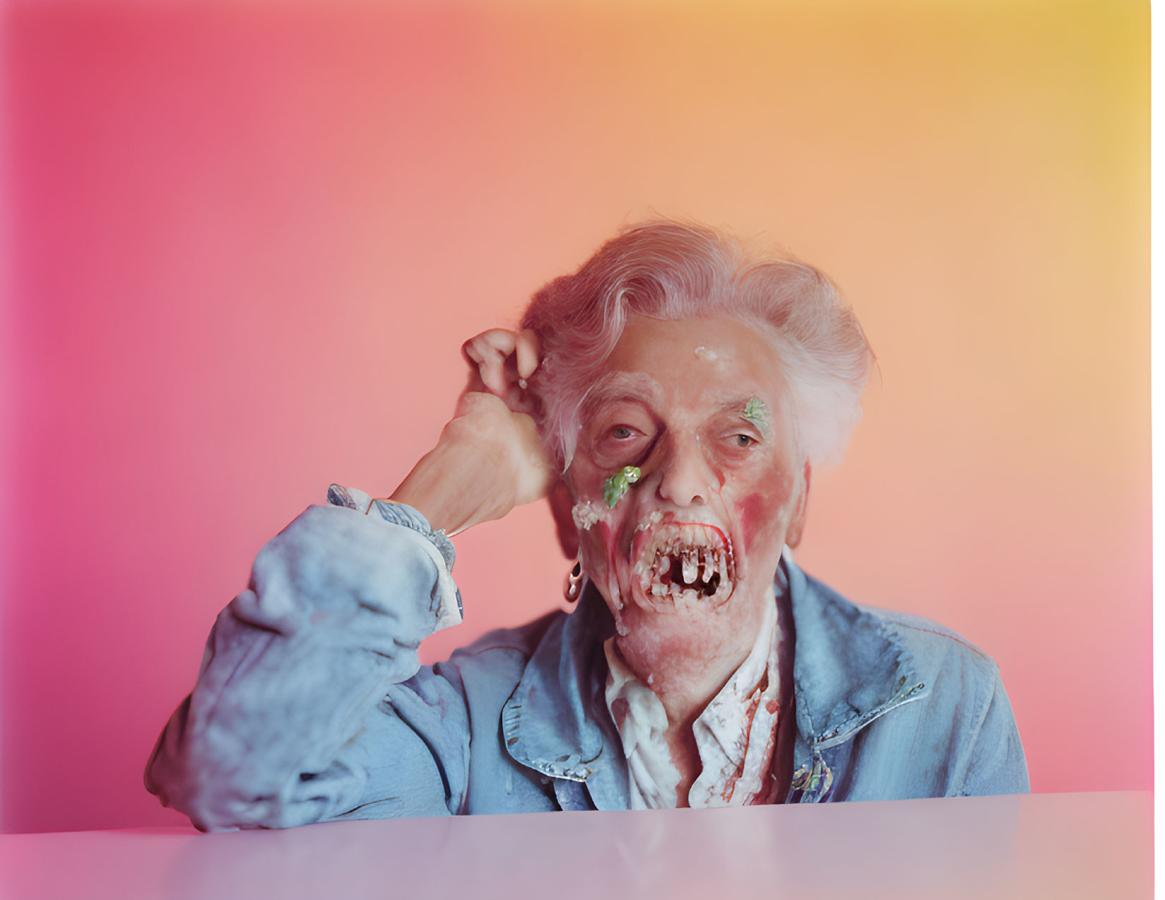 Elderly person in zombie makeup with denim jacket on pink background