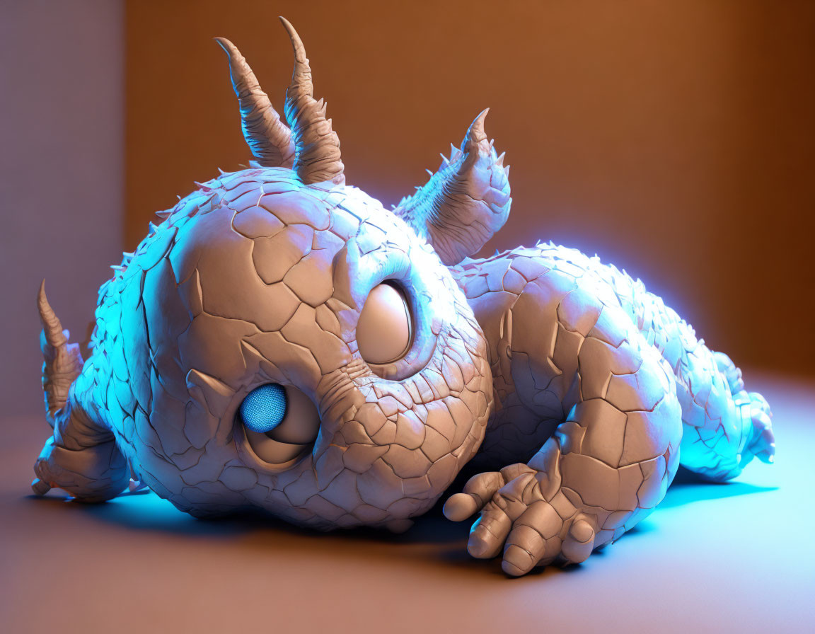 Stylized dragon figure with blue eyes, curved horns, cracked skin, relaxed pose