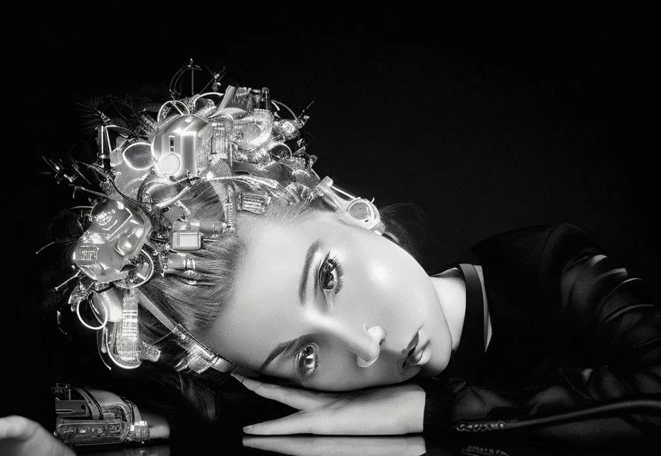 Monochrome portrait of a woman with futuristic electrical component hairstyle