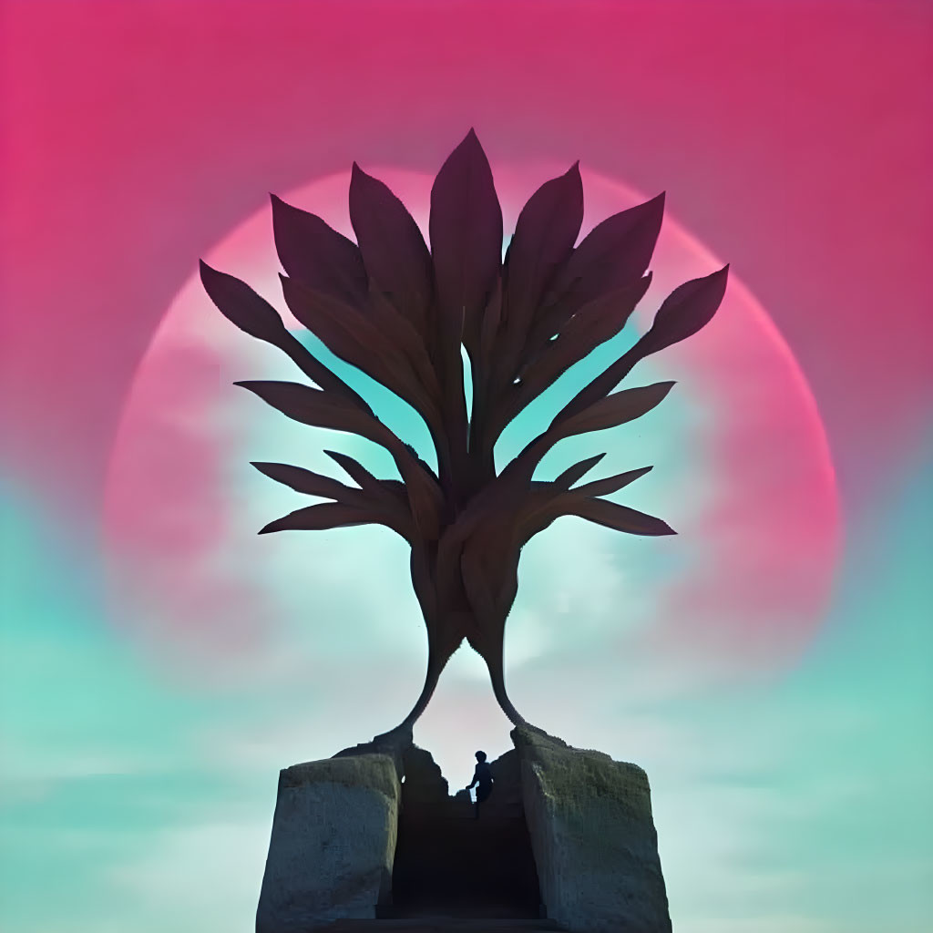 Silhouette of person under tree-shaped sculpture in surreal sky