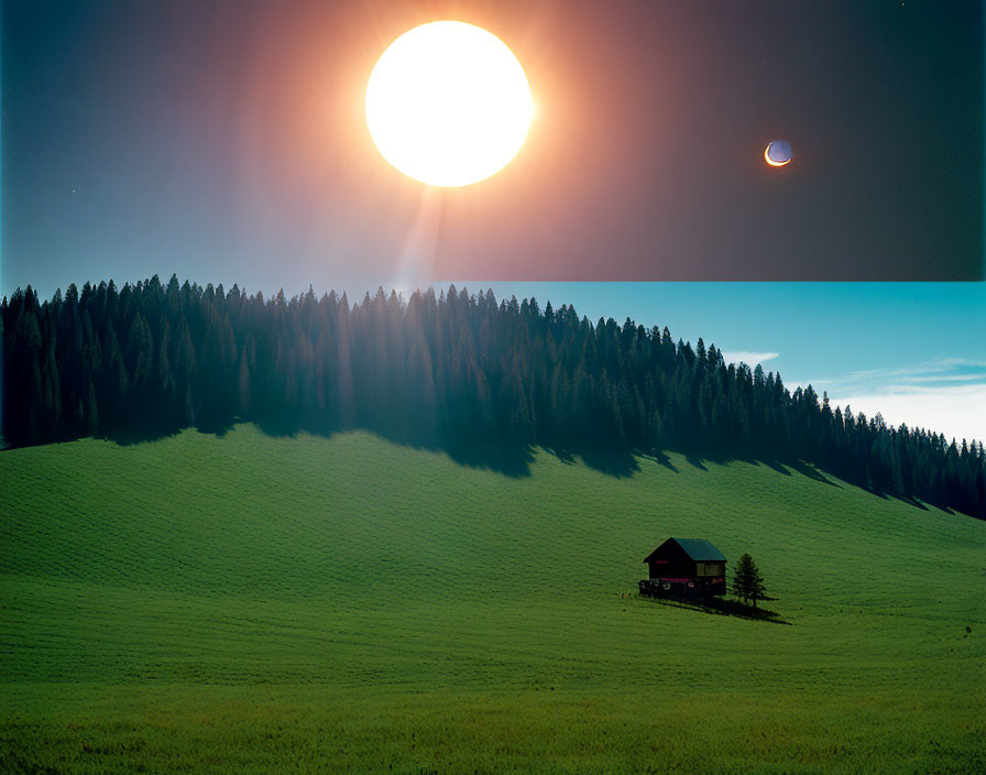 Sunlit landscape with crescent moon, cabin, and forest hill