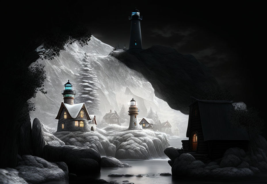 Village nestled among rocks by the sea with lighthouse and warm lights