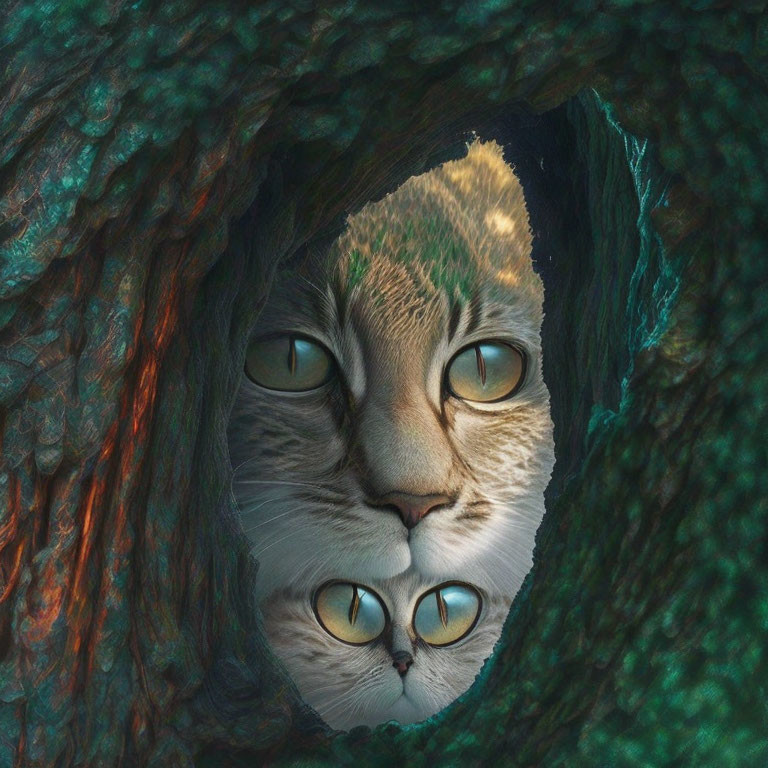 Digital image of cat's face merged with cave entrance, forming illusion of feline features in rocky landscape